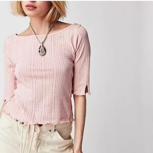 We The Free Women's Bohemian Cottagecore Pink Pointelle Ribbed Top Size Small